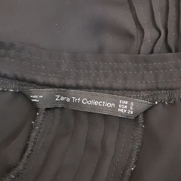 Zara Black Sheer Pleated Blouse Small Mandarin Neck Button Down Short Sleeve Top - Picture 5 of 6
